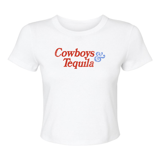 White fitted Bella + Canvas 1010 baby tee featuring vintage-inspired Cowboys and Tequila western graphic design