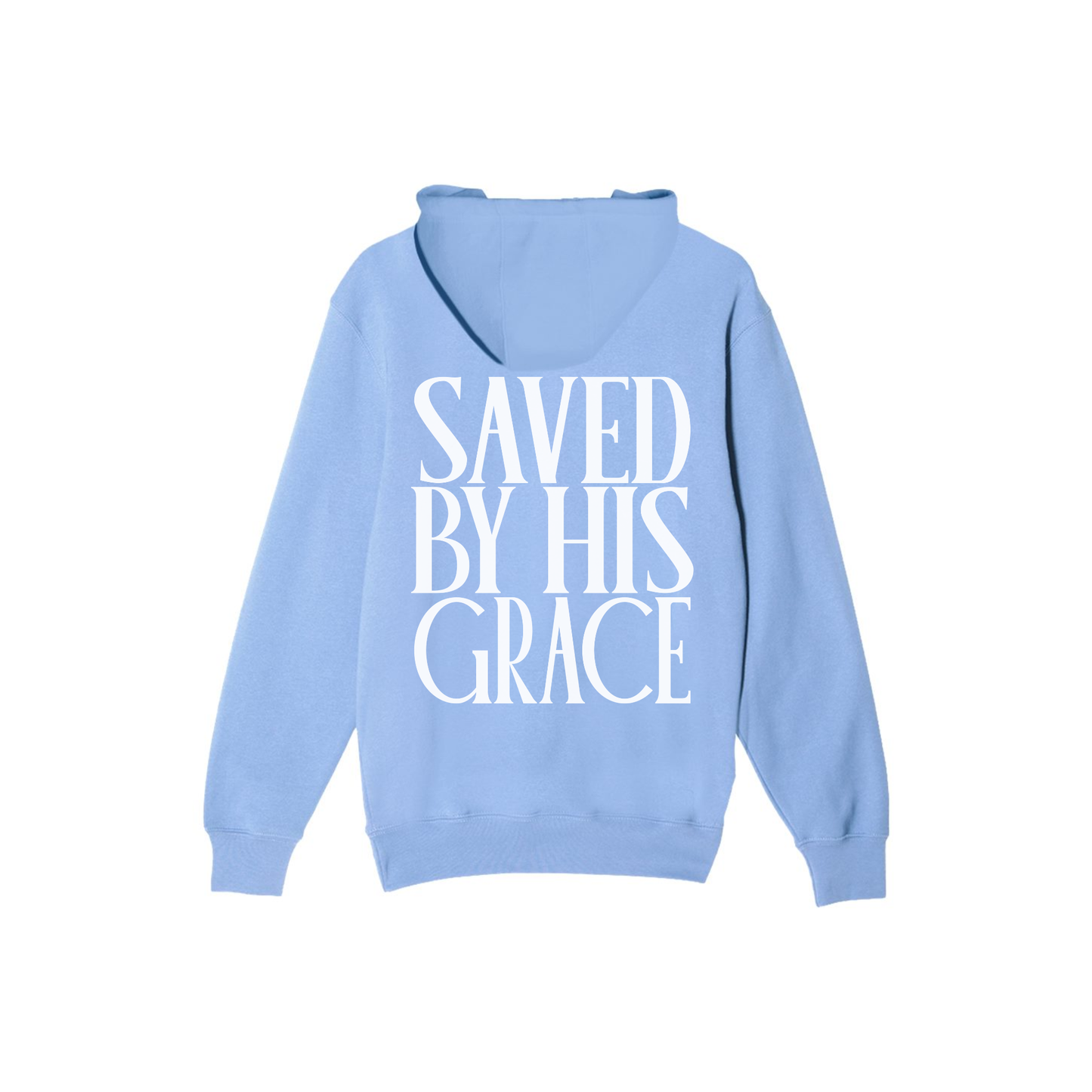 Back flat lay of colony blue premium hoodie featuring large Saved By His Grace graphic.
