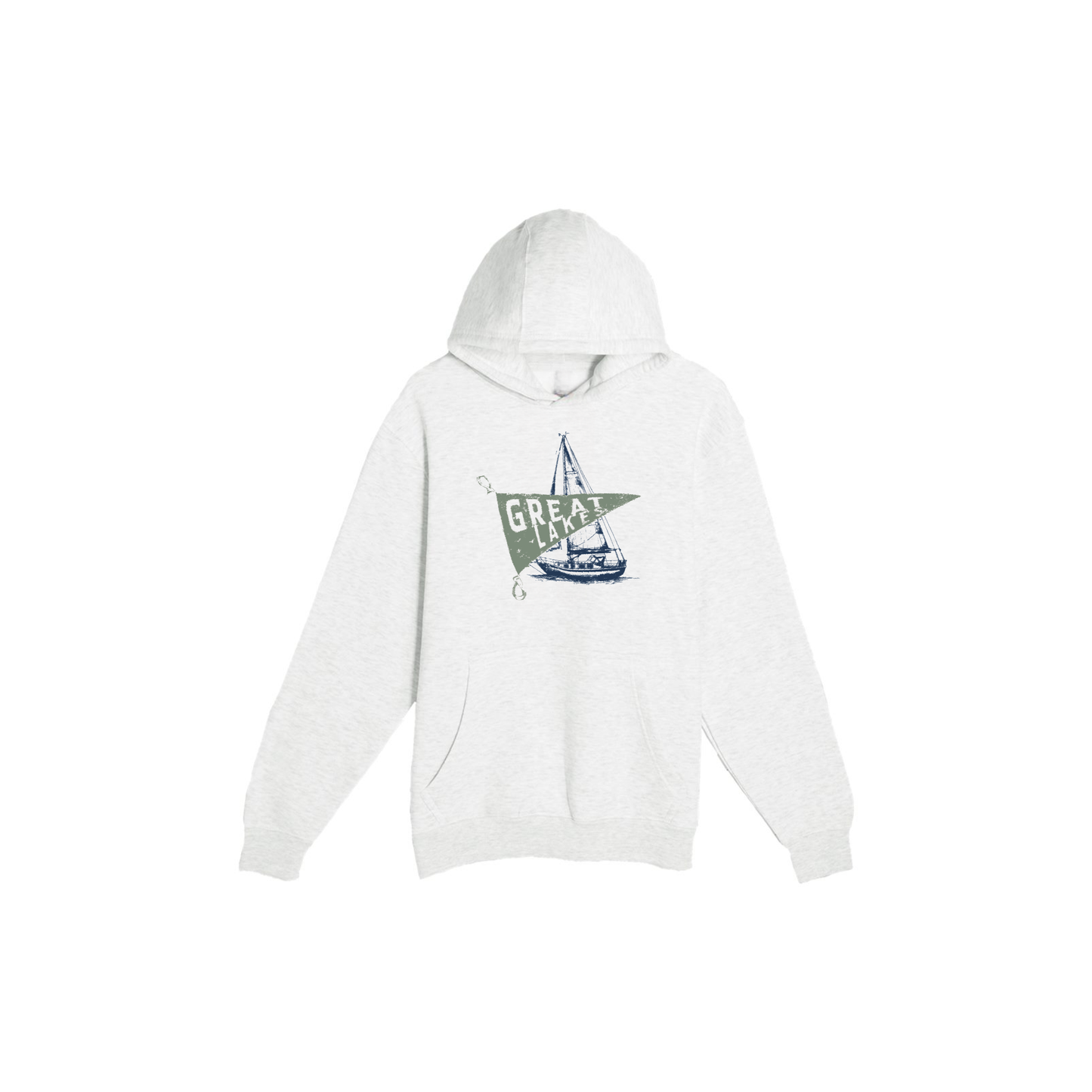 Premium oatmeal heather Great Lakes sailboat graphic hoodie featuring distressed nautical pennant design.