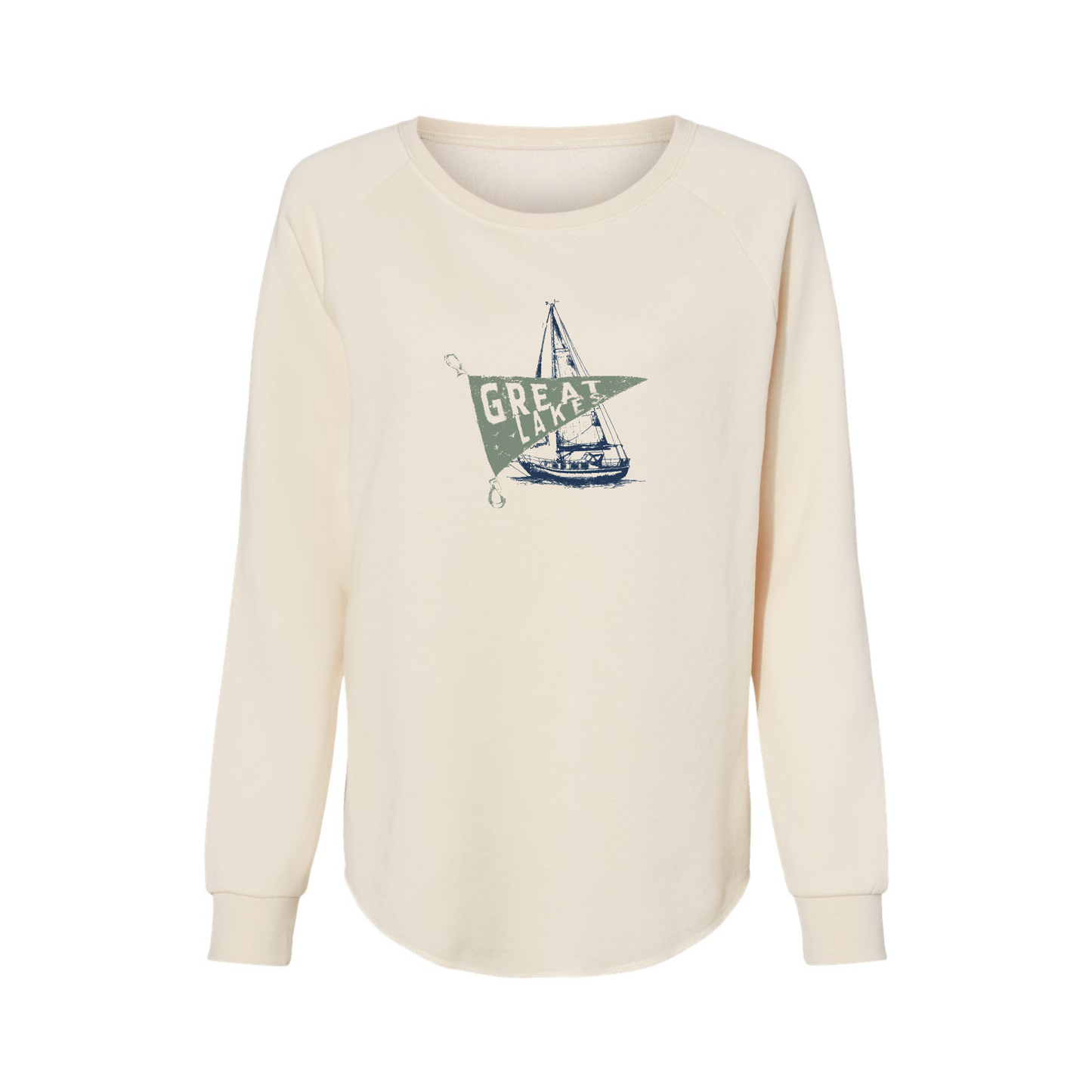 Bone premium Wave Wash crewneck sweatshirt featuring a distressed Great Lakes sailboat graphic on the front.