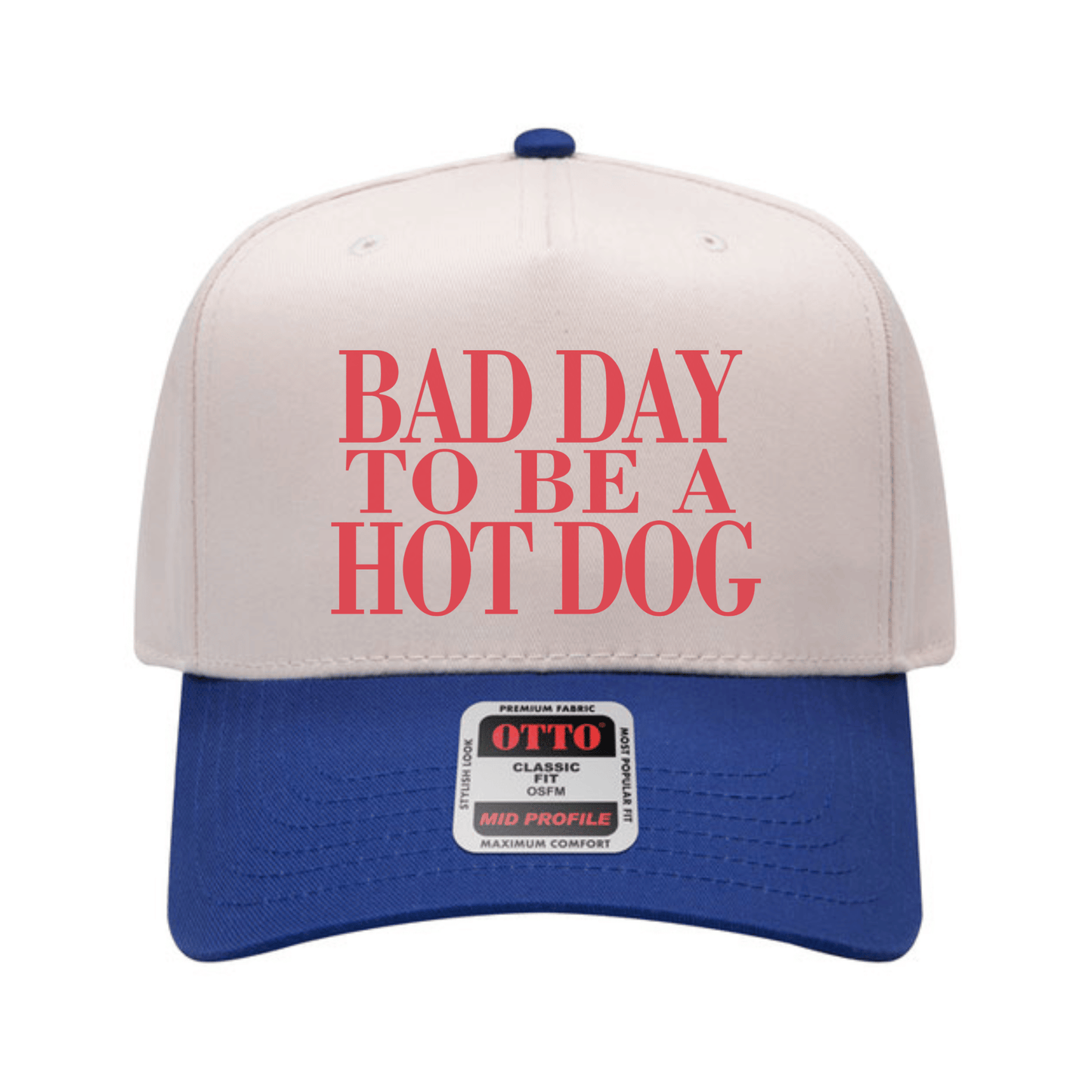 Bad Day to Be a Hot Dog OTTO 31-069 mid-profile hat with canvas crown and royal blue bill on white background