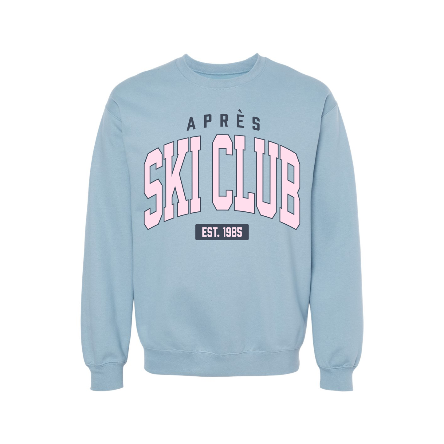 Après Ski Club Crewneck Sweatshirt | Pink & Navy Winter Graphic Sweatshirt