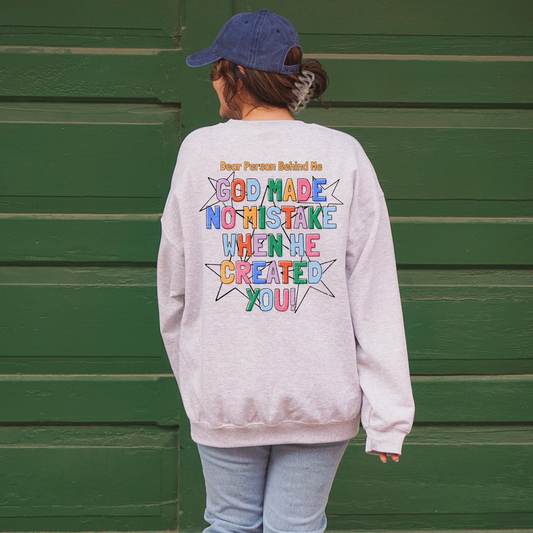 ash grey christian sweatshirt god made no mistake when he created you faith affirmation graphic back design