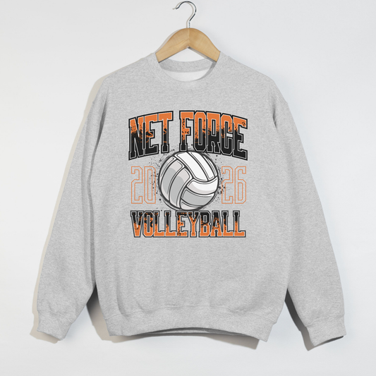 Gray sweatshirt with 'Net Force Volleyball' text and volleyball graphic on a white background