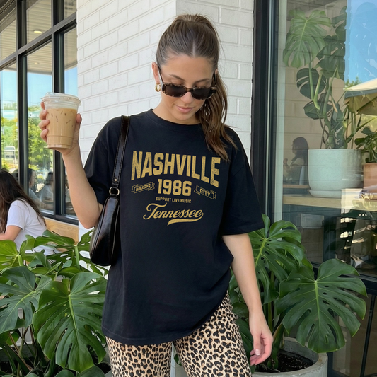 black nashville graphic tee vintage concert outfit women