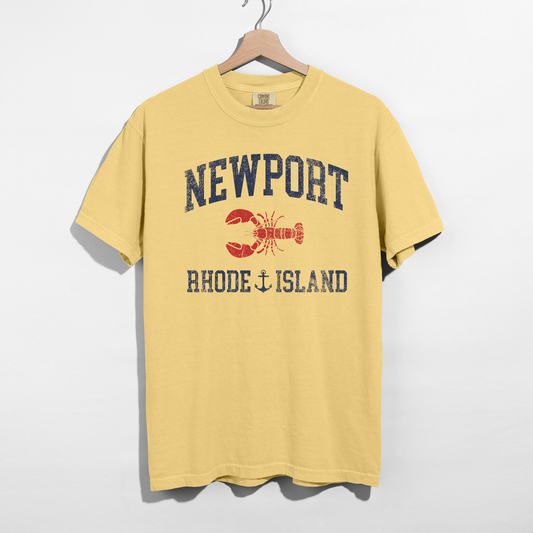 Yellow Comfort Colors Newport Rhode Island t-shirt with lobster graphic nautical style shirt