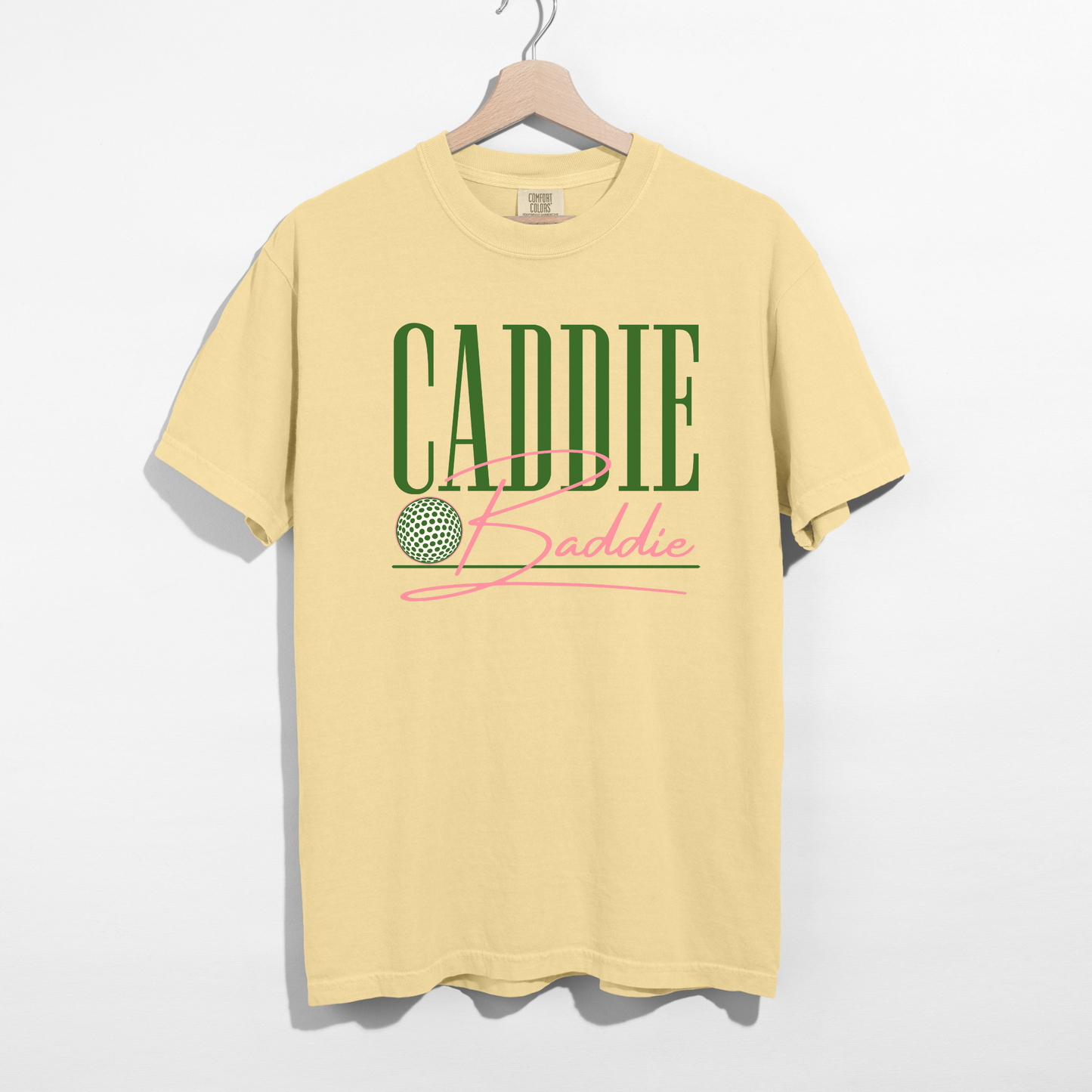 Yellow Caddie Baddie graphic tee soft pastel golf shirt aesthetic boutique style