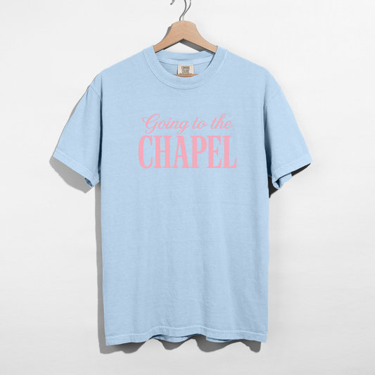 Chambray Comfort Colors tee featuring pink vintage bridal typography