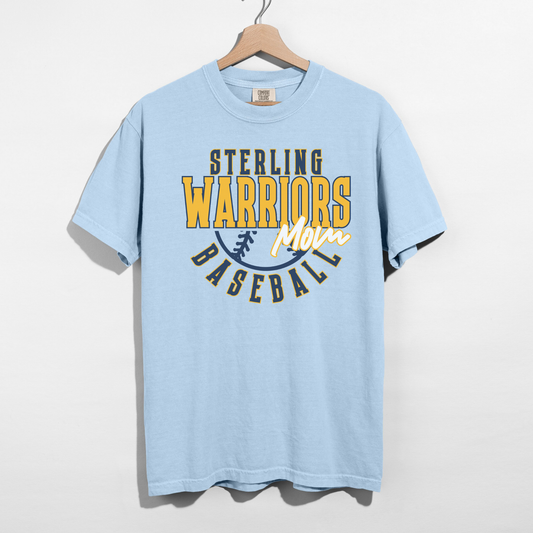 Sterling Warriors Baseball Mom chambray blue t-shirt on hanger showing full graphic baseball team spirit design