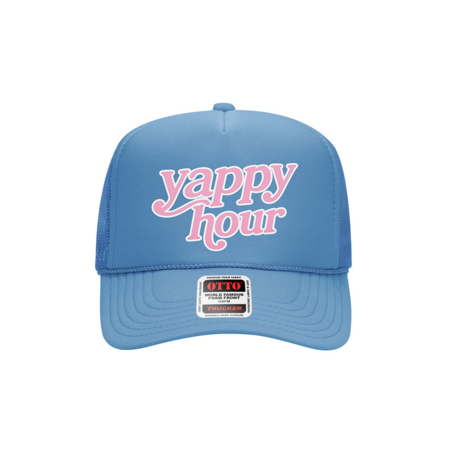 Blue foam trucker hat with pink yappy hour graphic on front
