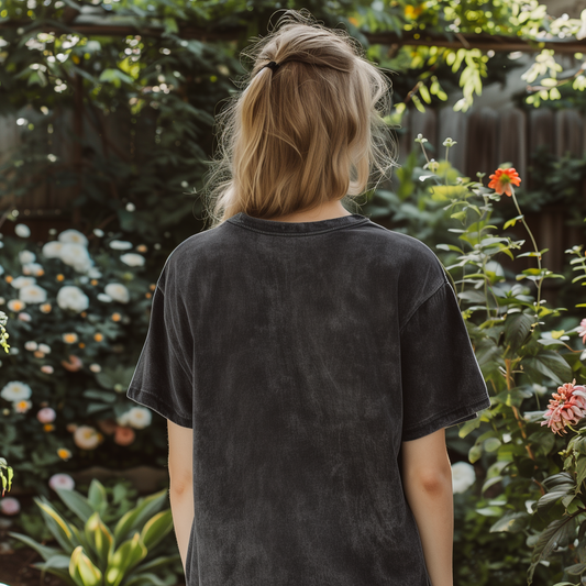 Back view of black mineral wash heavyweight cotton t-shirt showing mineral wash texture and classic fit silhouette.