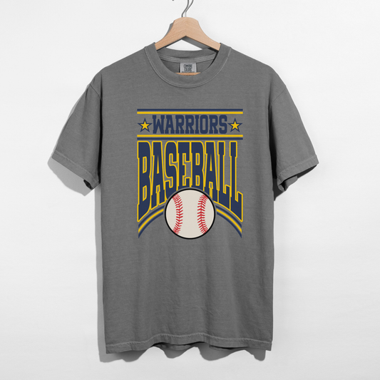 Grey Warriors Baseball vintage graphic t-shirt with collegiate lettering and classic baseball artwork