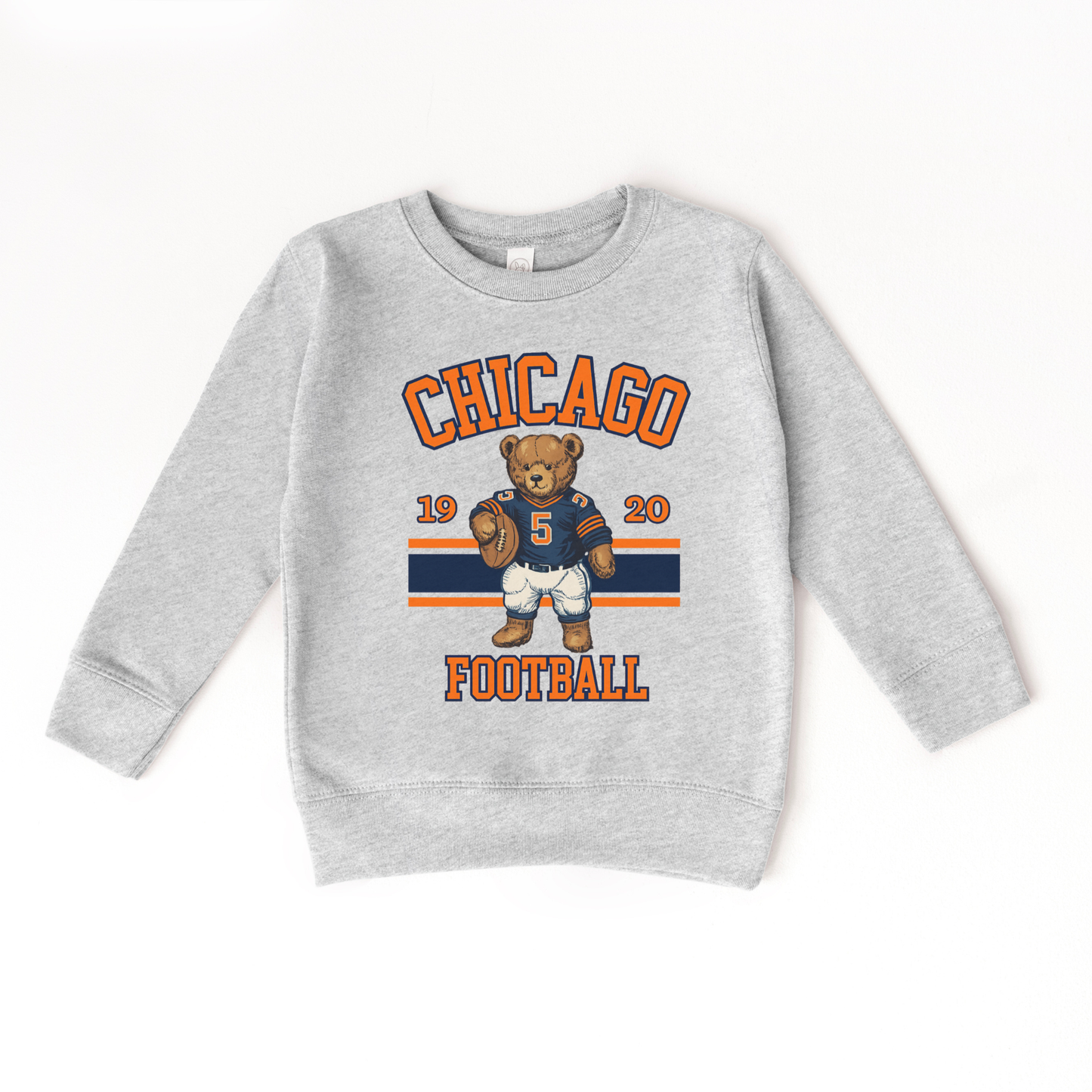 Gray sweatshirt with Chicago football design featuring a bear and numbers on a white background