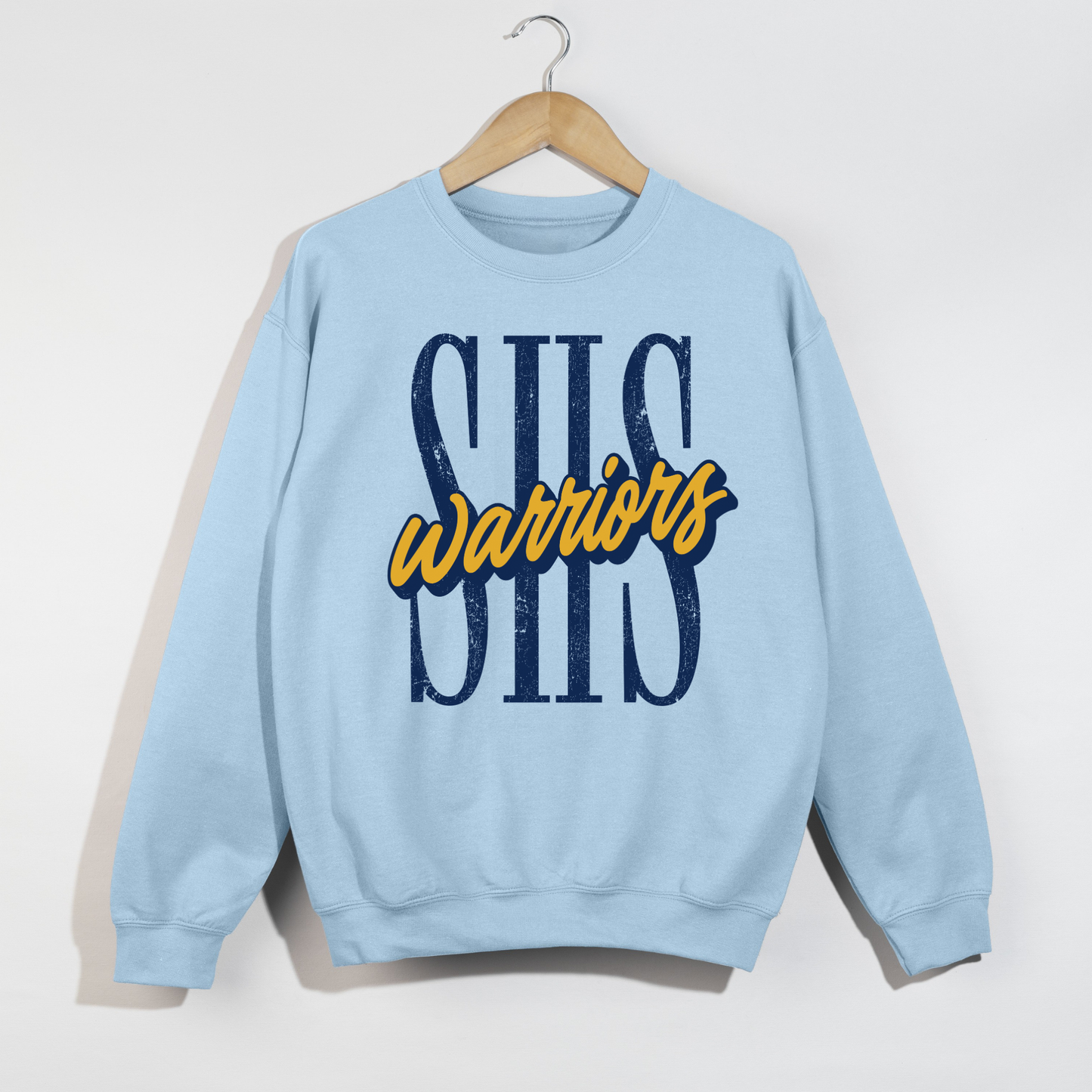 Light blue Sterling Warriors SHS crewneck sweatshirt with distressed navy SHS design and gold Warriors lettering.