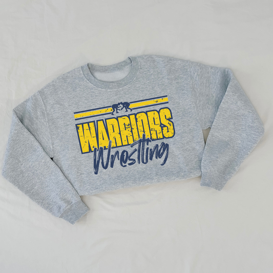 Gray sweatshirt with 'Warriors Wrestling' text on a light gray background