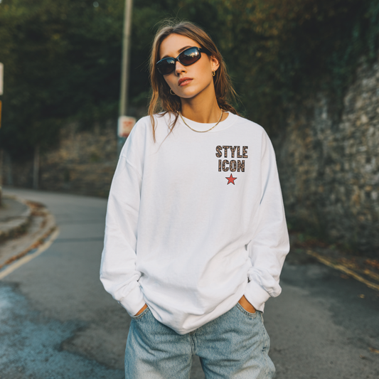Front view of Style Icon sweatshirt featuring small chest graphic and red star detail