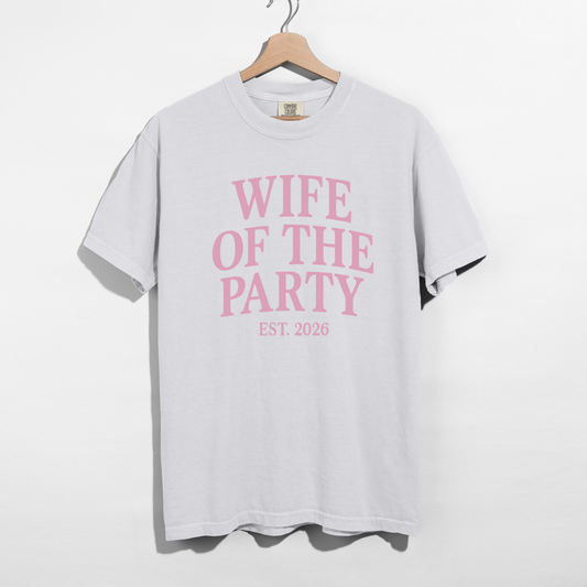 White Wife of the Party graphic t-shirt with pink text