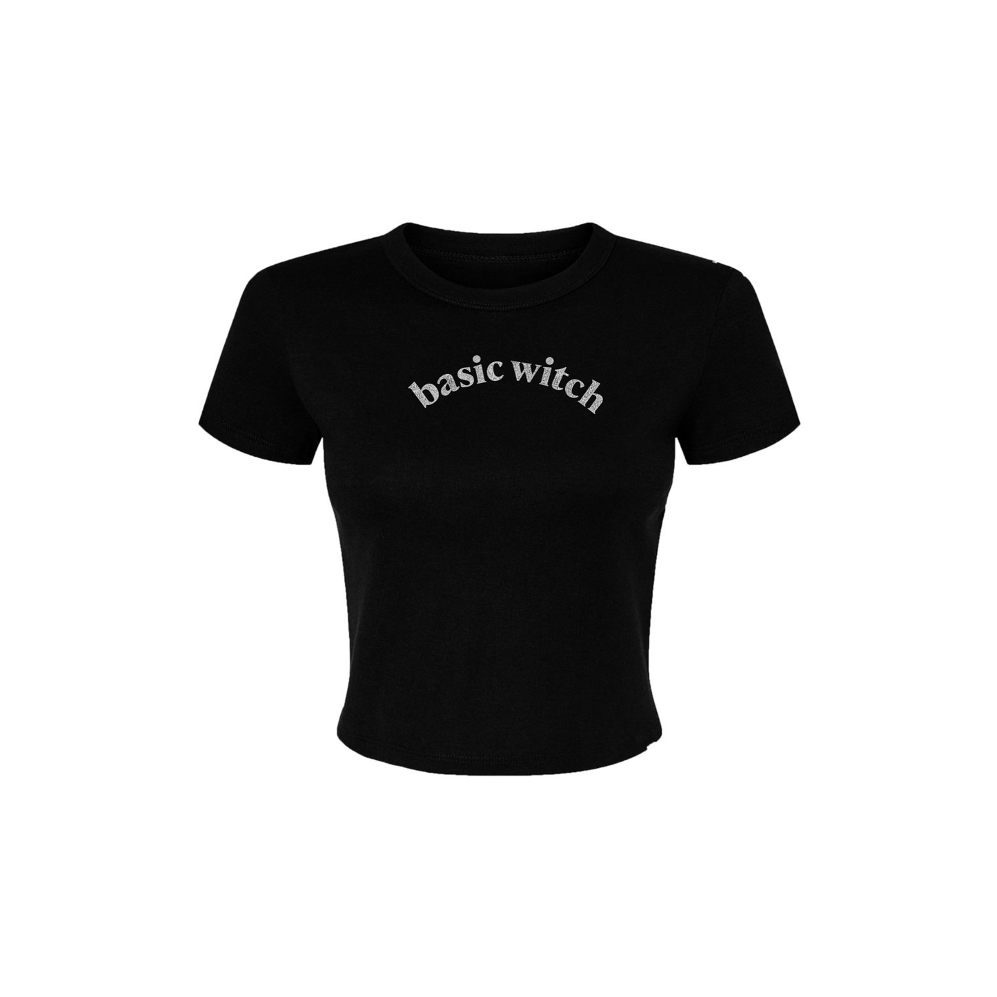 Black fitted baby tee featuring a distressed white "Basic Witch" Halloween graphic on a white background.