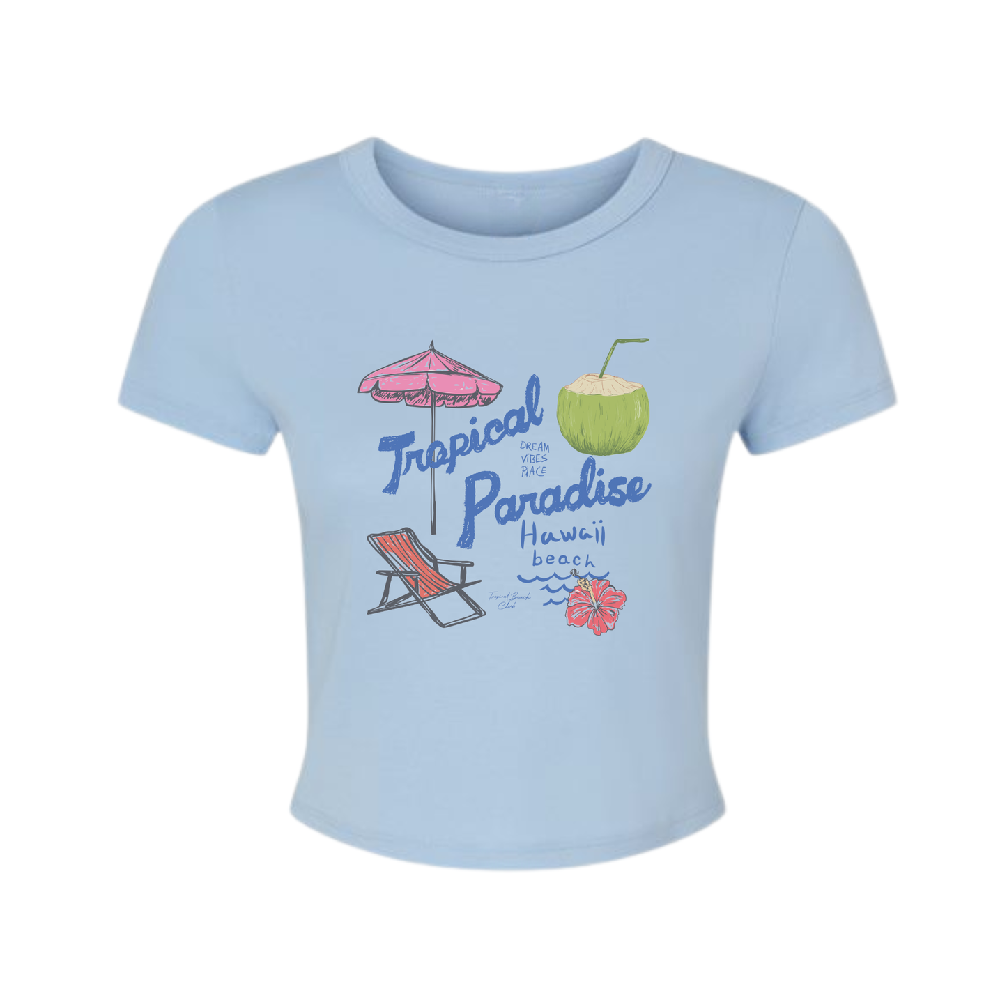 Light blue micro rib fitted baby tee with tropical paradise Hawaii beach illustration