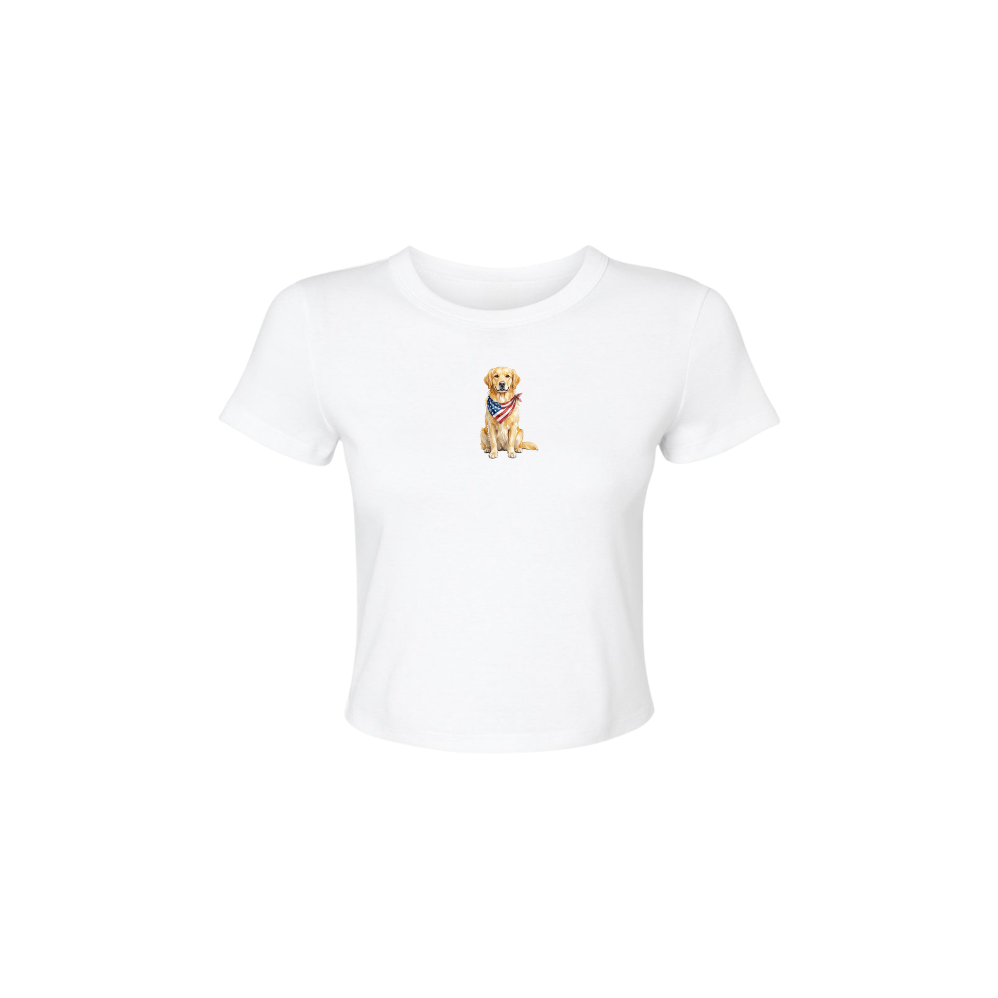 White Bella + Canvas 1010 fitted baby tee with patriotic golden retriever graphic wearing an American flag bandana on front chest