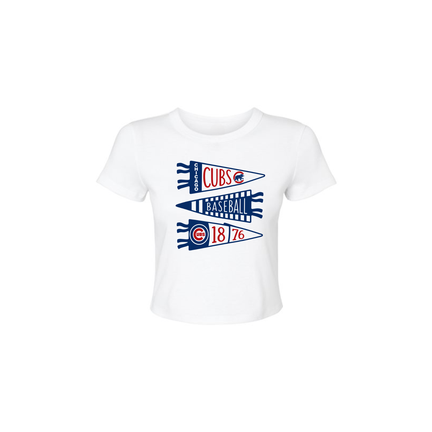 White Bella + Canvas women's fitted baby tee featuring a vintage Chicago Cubs pennant flag graphic in classic red and blue.