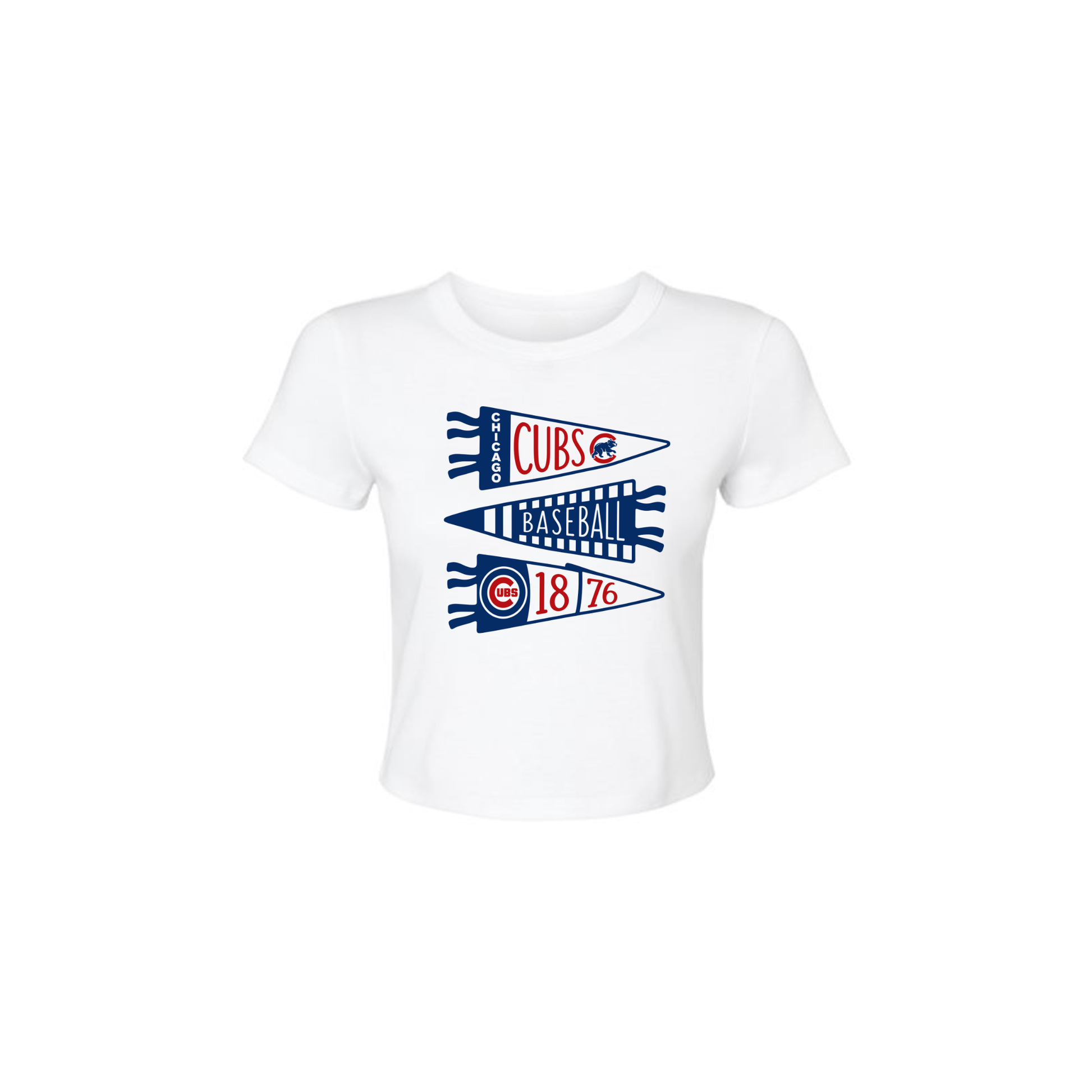 White Bella + Canvas women's fitted baby tee featuring a vintage Chicago Cubs pennant flag graphic in classic red and blue.