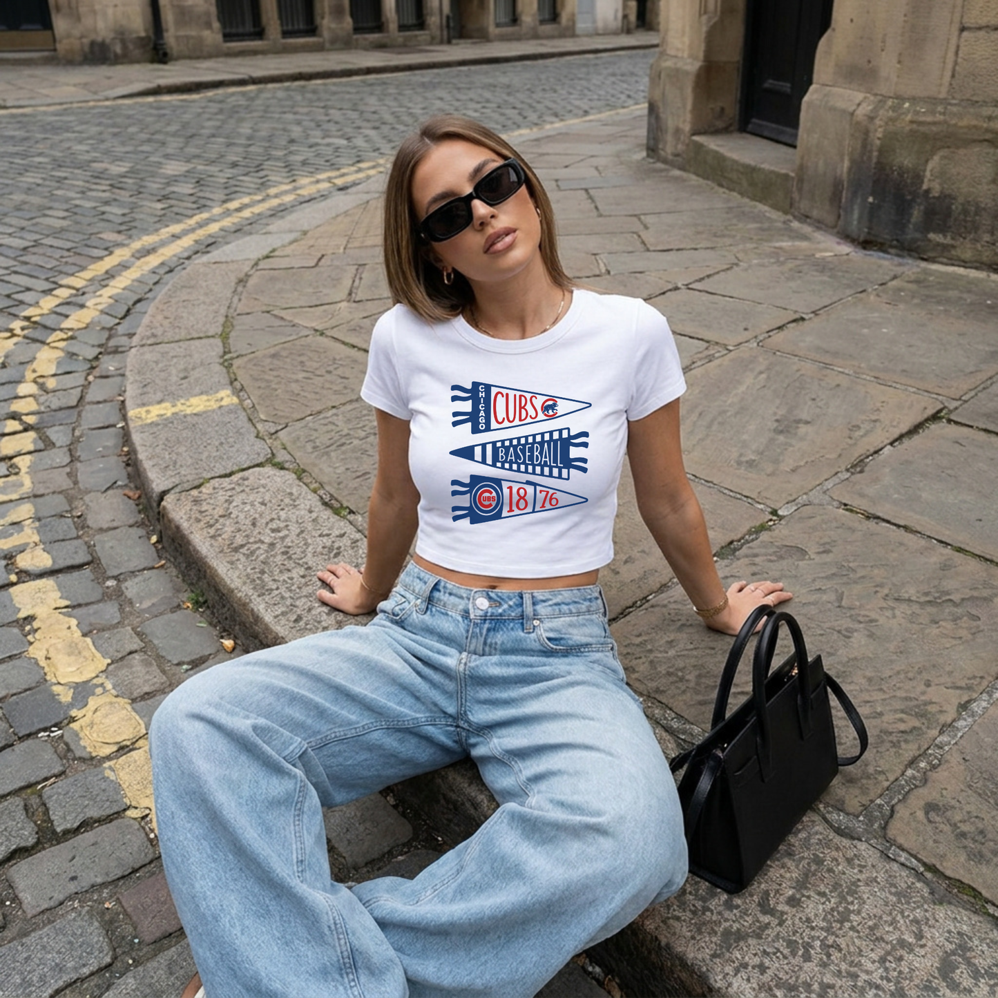 Woman wearing a white fitted baby tee with a retro Chicago Cubs pennant baseball graphic paired with light wash denim jeans.