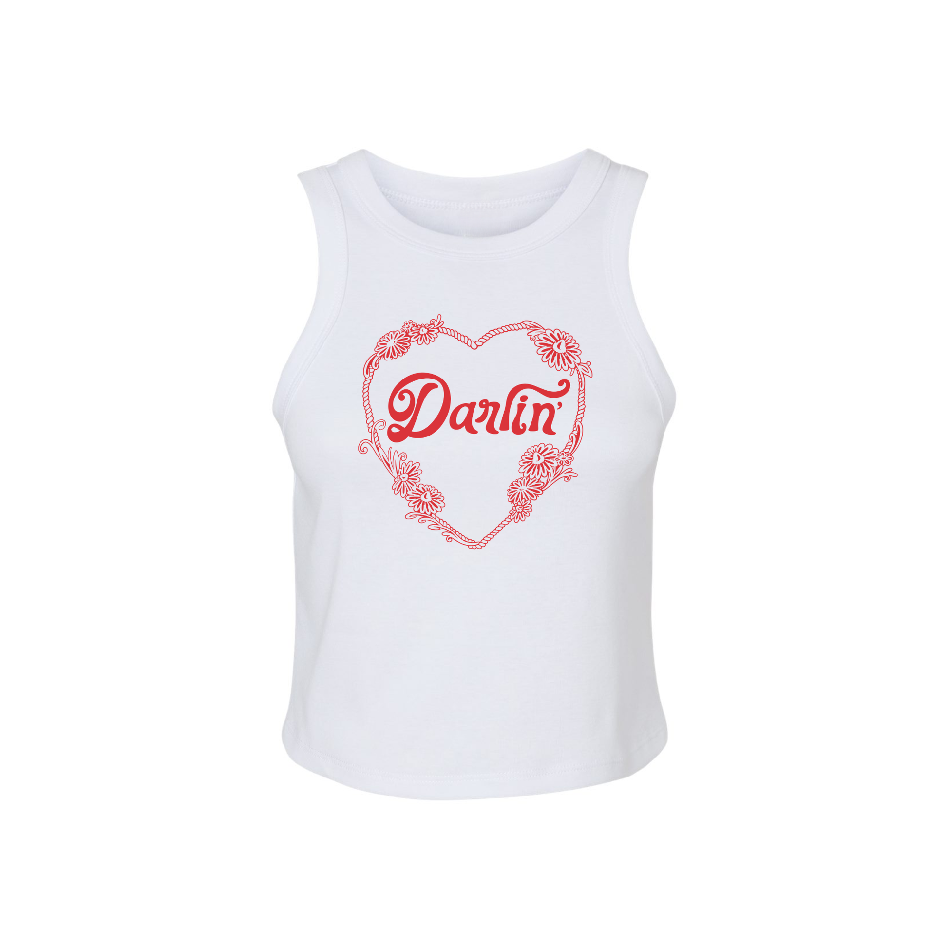 White ribbed women's tank top with red Darlin floral heart graphic