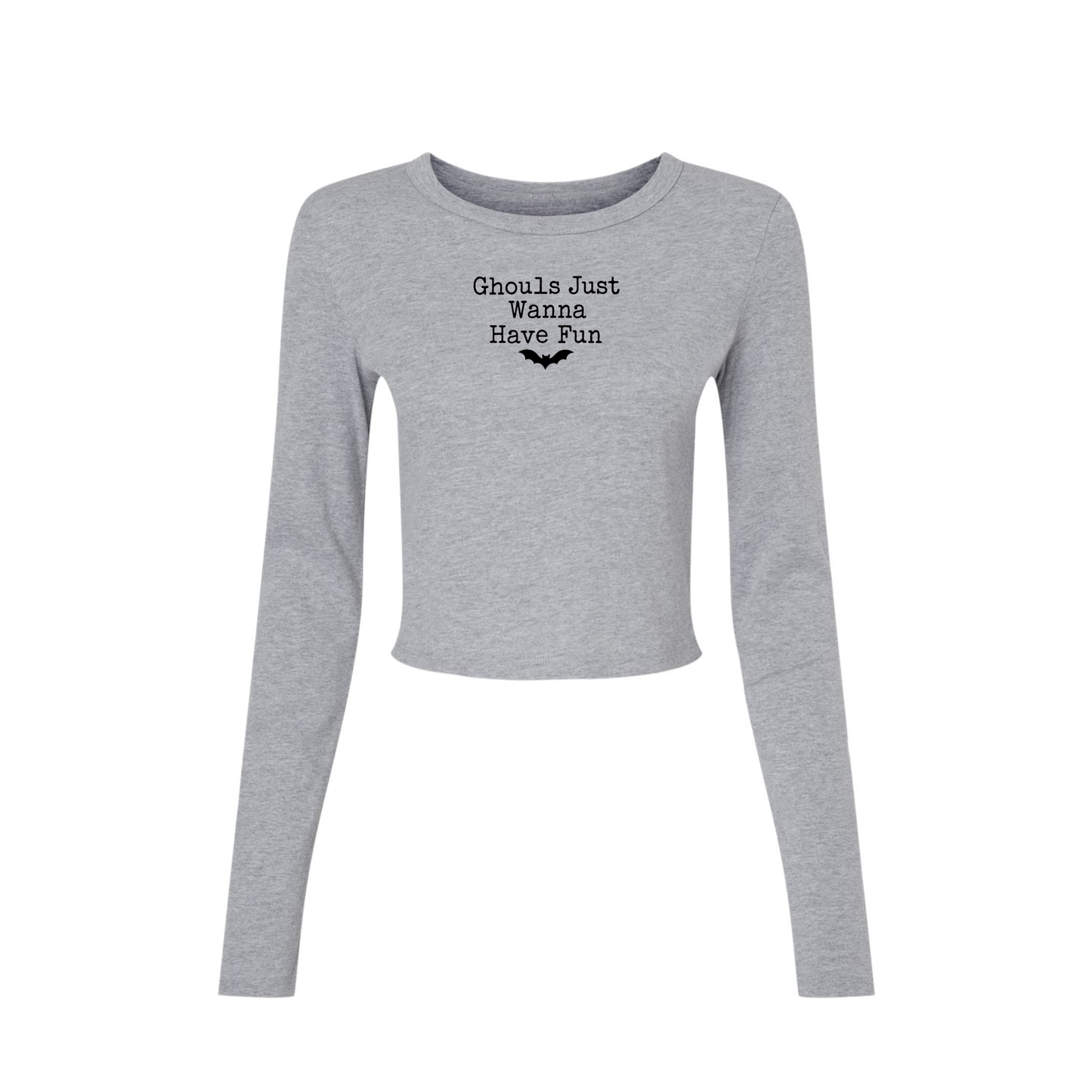 Athletic heather fitted long sleeve crop tee featuring black Ghouls Just Wanna Have Fun Halloween graphic with bat.