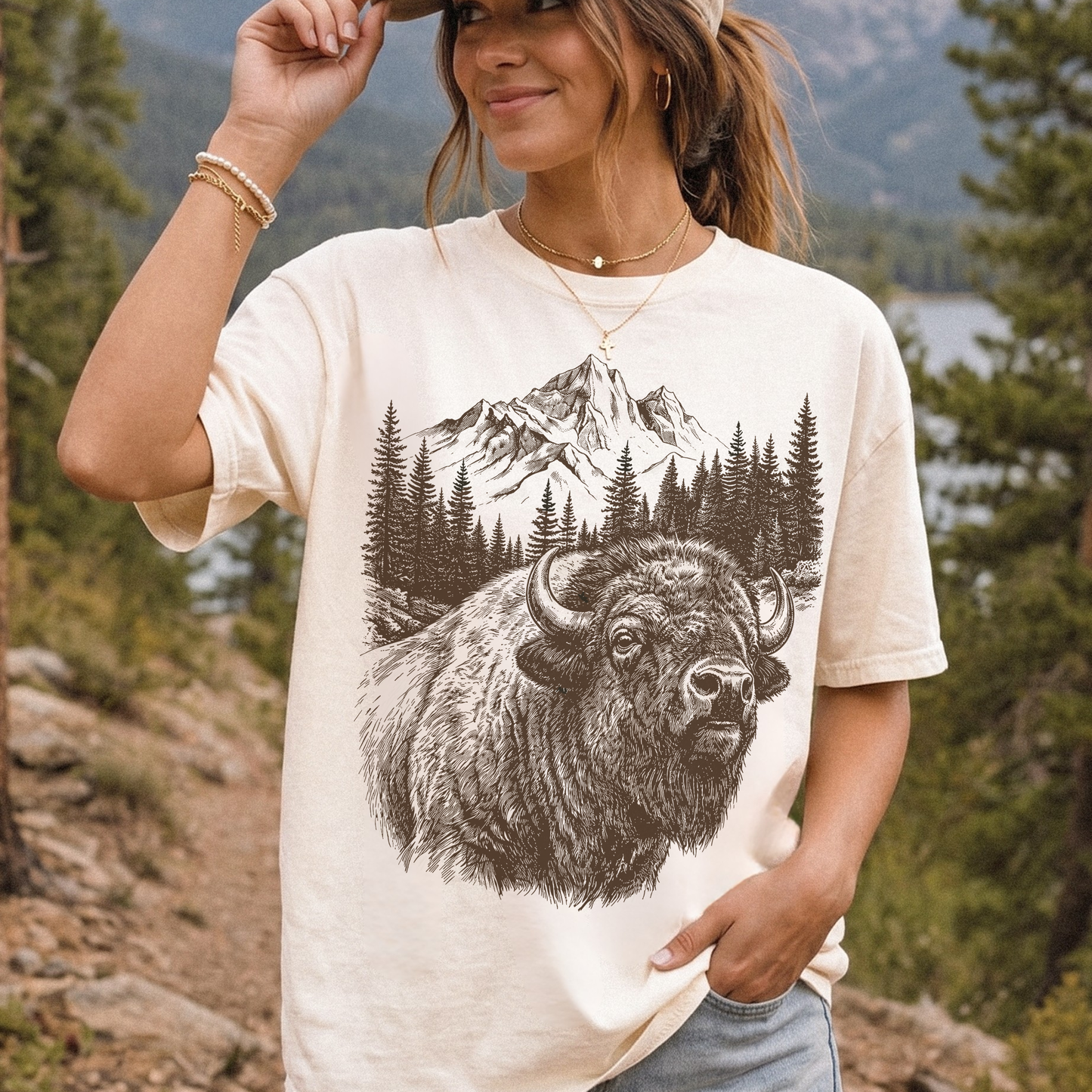Vintage bison mountain graphic tee in ivory featuring a detailed buffalo illustration with pine trees and mountain landscape on a relaxed unisex shirt.