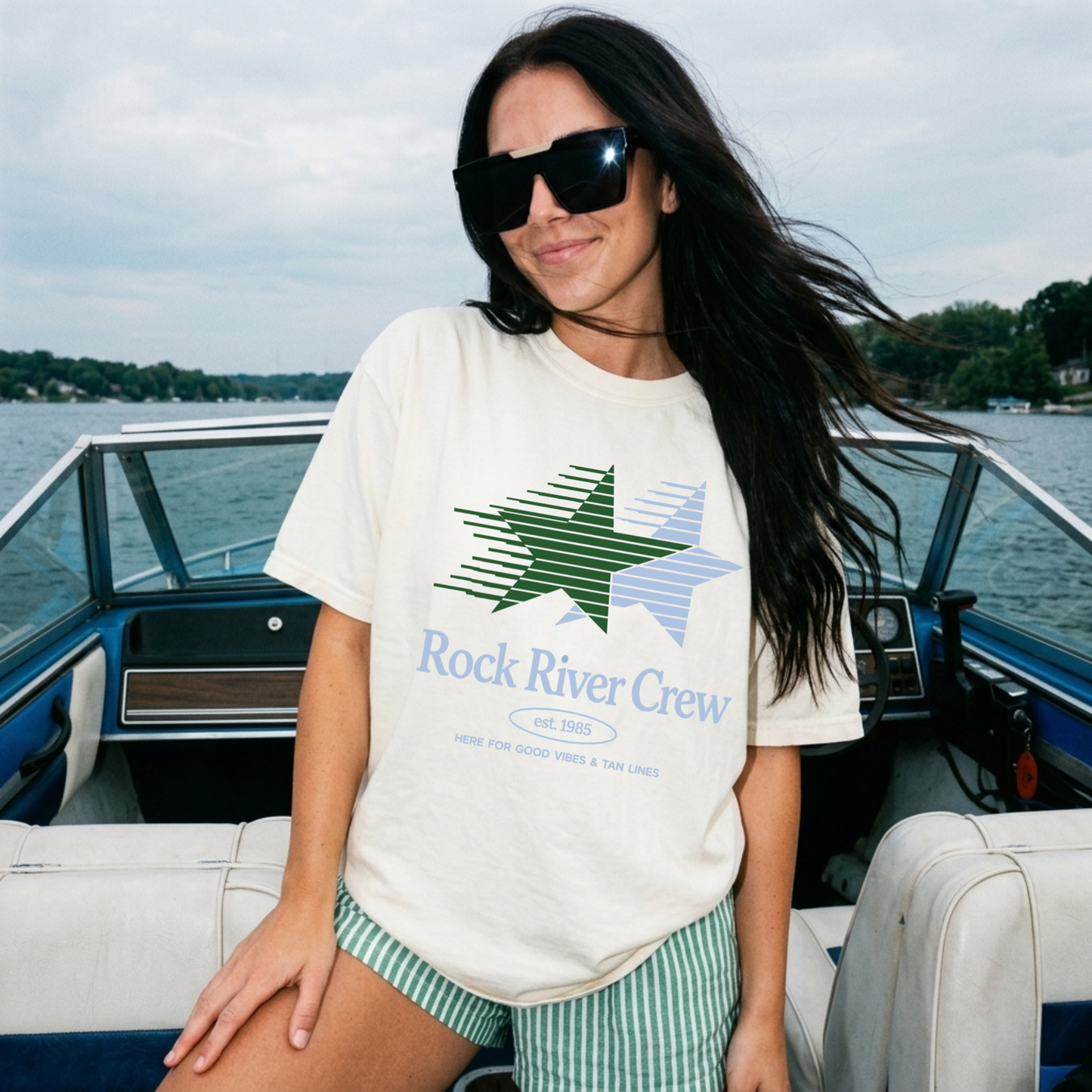 woman wearing ivory rock river crew graphic tee boat day outfit