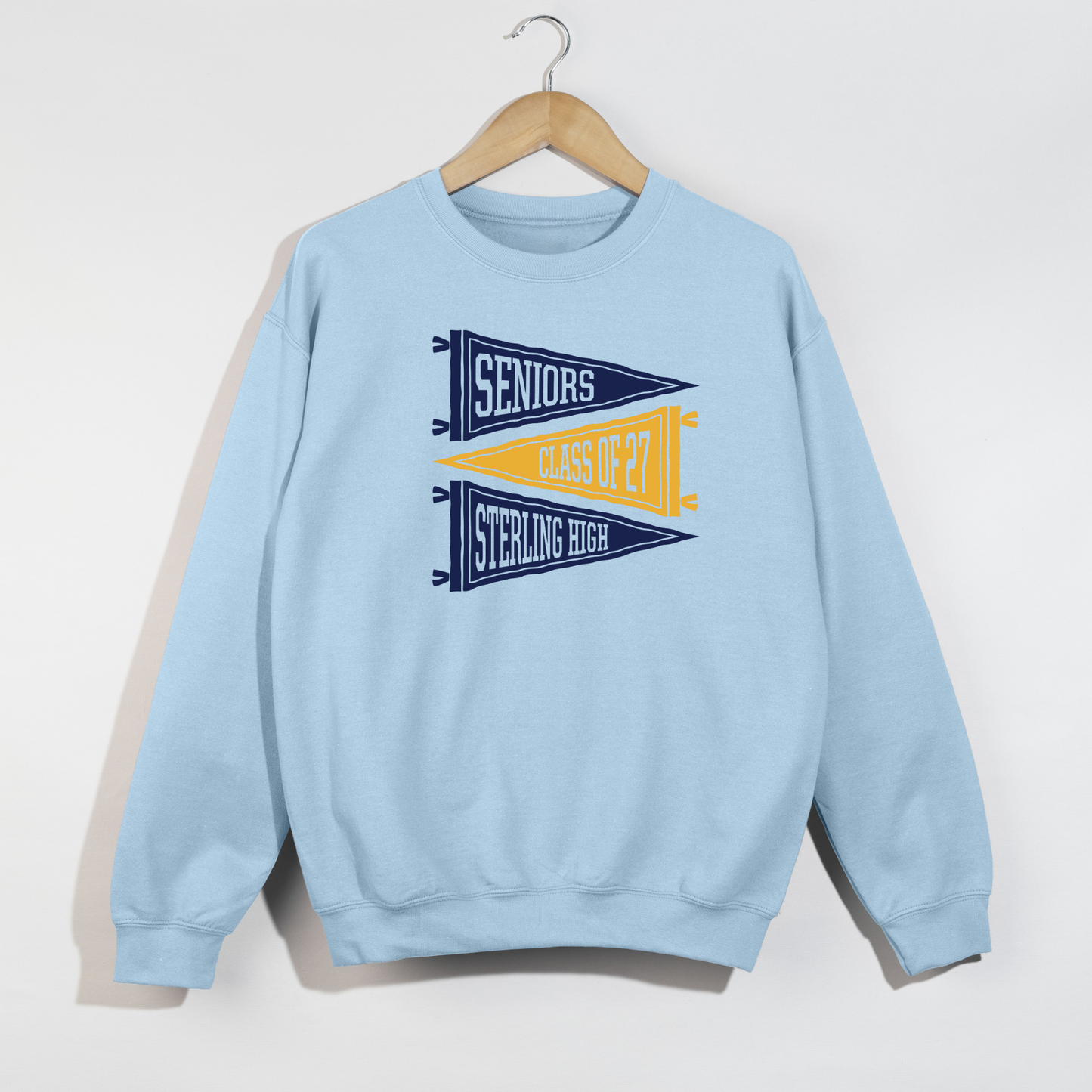 Ash grey Sterling High Seniors Class of 2027 crewneck sweatshirt with vintage navy and gold pennant design for Sterling Warriors seniors.