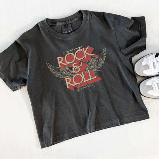 Rock & Roll graphic cropped t-shirt in vintage black Comfort Colors boxy fit with winged rock design