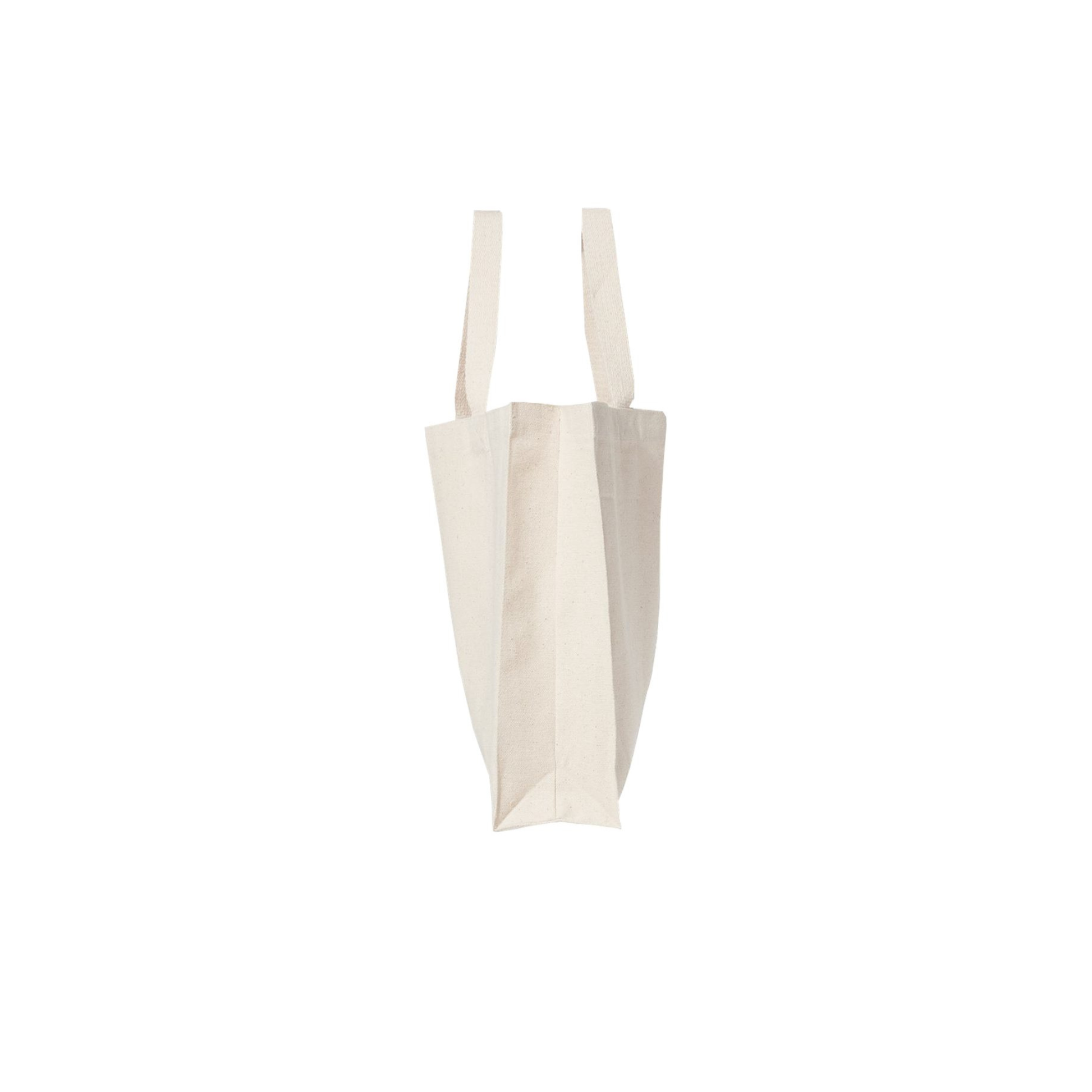 Side profile of natural canvas thrift themed tote bag with long shoulder straps