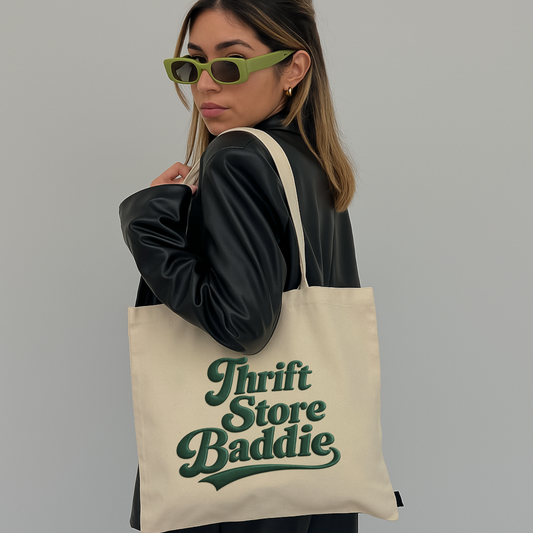 Thrift Store Baddie canvas tote bag with vintage green lettering worn as an everyday reusable shopping bag