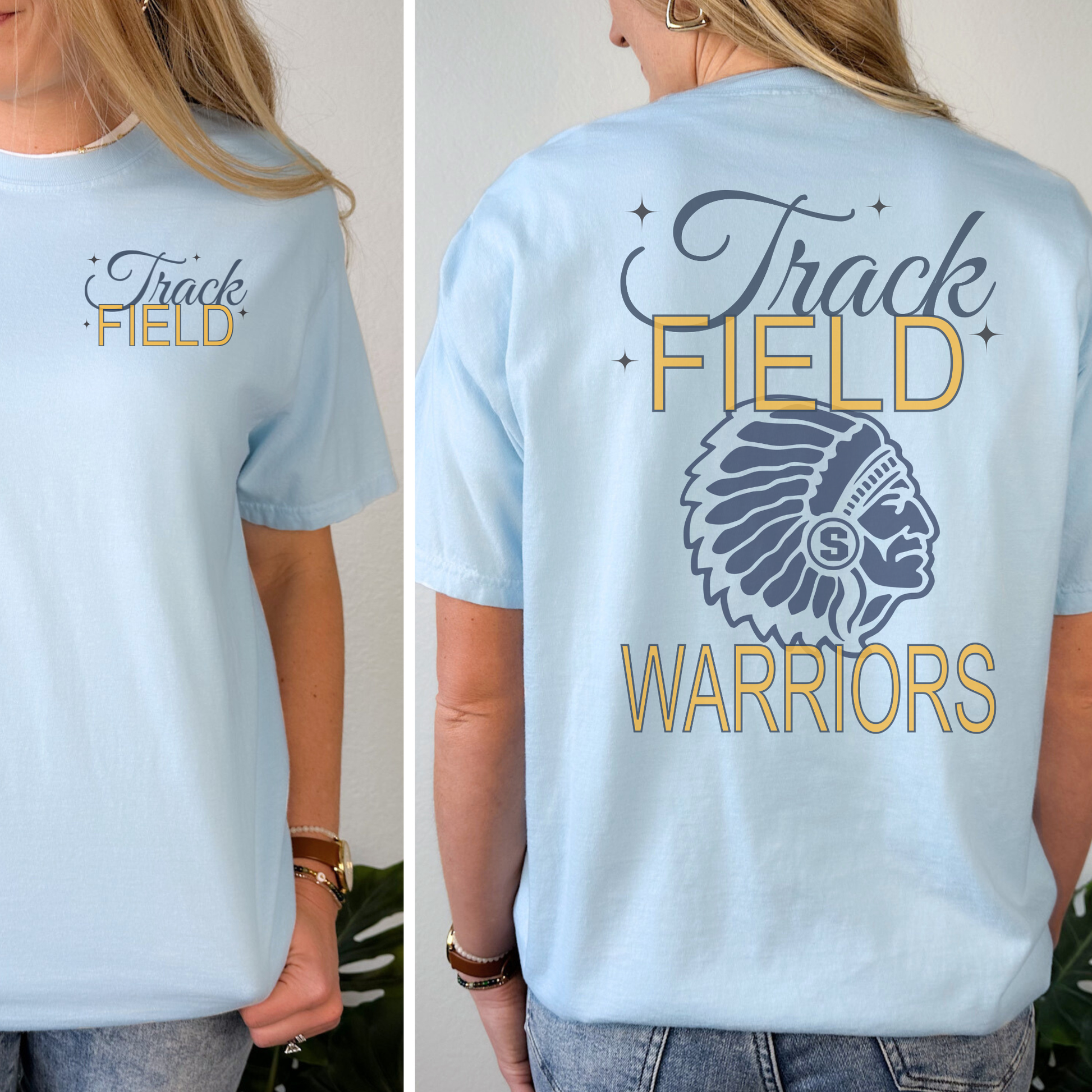 Light blue t-shirt with 'Track Field Warriors' design on the back, worn by a person.