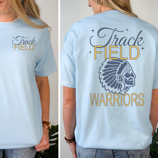 Light blue t-shirt with 'Track Field Warriors' design on the back, worn by a person.