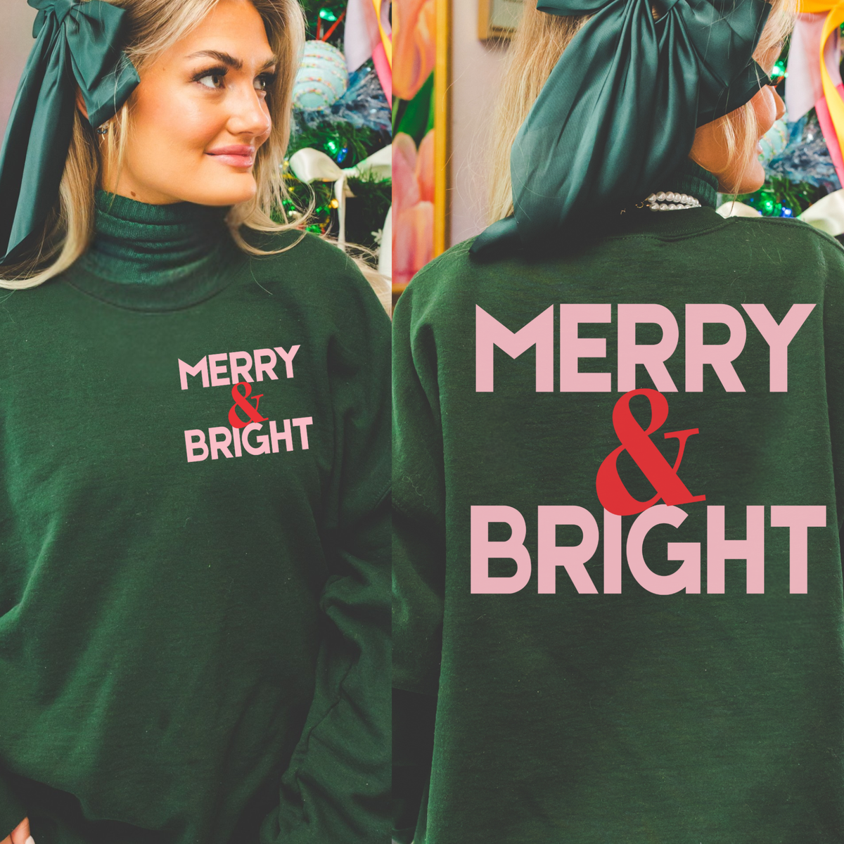 Merry & Bright Christmas Sweatshirt | Forest Green Holiday Pullover