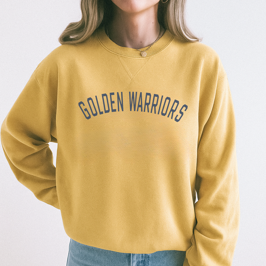 Yellow sweatshirt with 'GOLDEN WARRIORS' text worn by a person on a white background