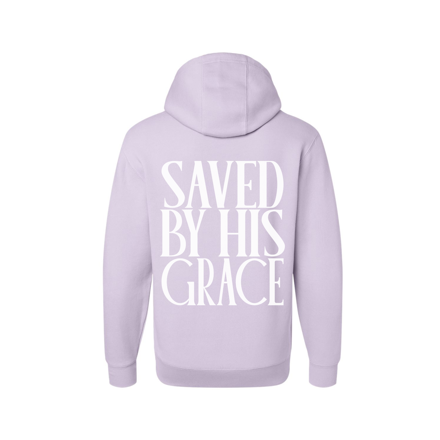 Back of lilac Christian hoodie featuring oversized Saved By His Grace faith graphic.
