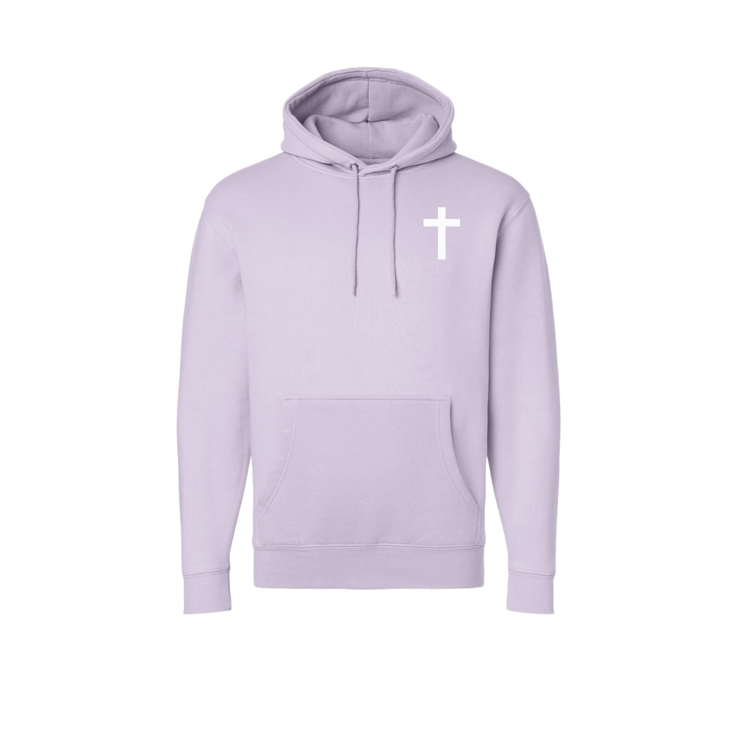 Front view of lilac premium fleece hoodie with white cross chest graphic.