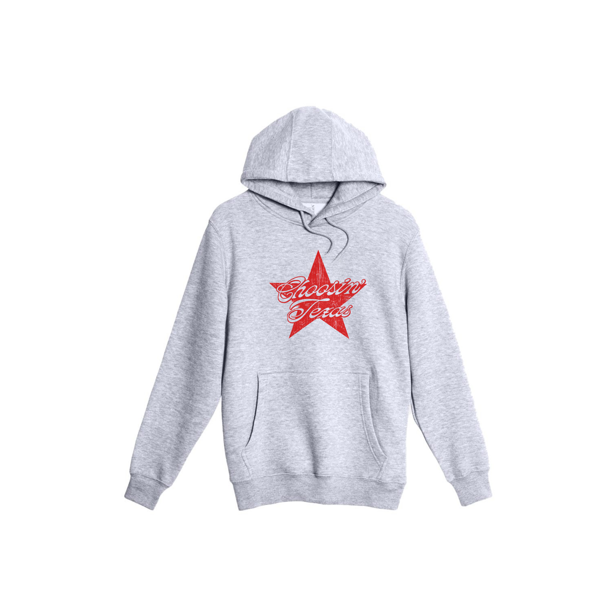 Heather grey Choosin’ Texas graphic hoodie with vintage distressed red Texas star design