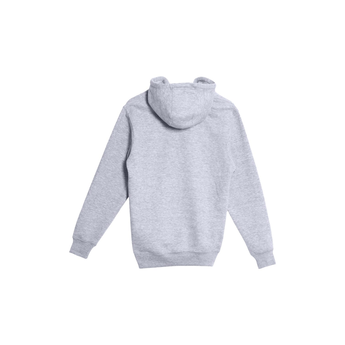 Back view of heather grey unisex pullover hoodie with fleece-lined hood and ribbed waistband
