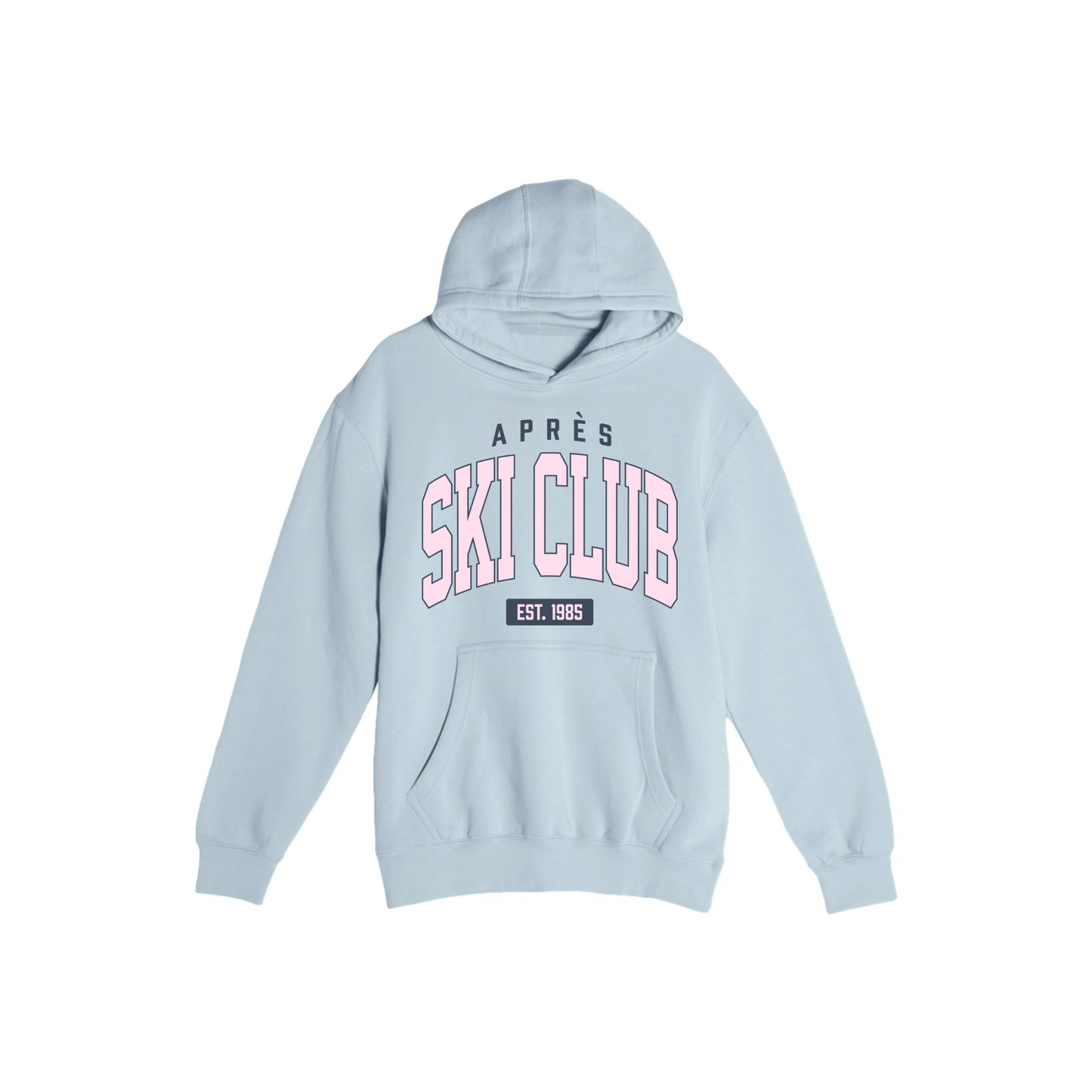 Blue Mist premium hoodie with a blush pink and navy Après Ski Club collegiate graphic.
