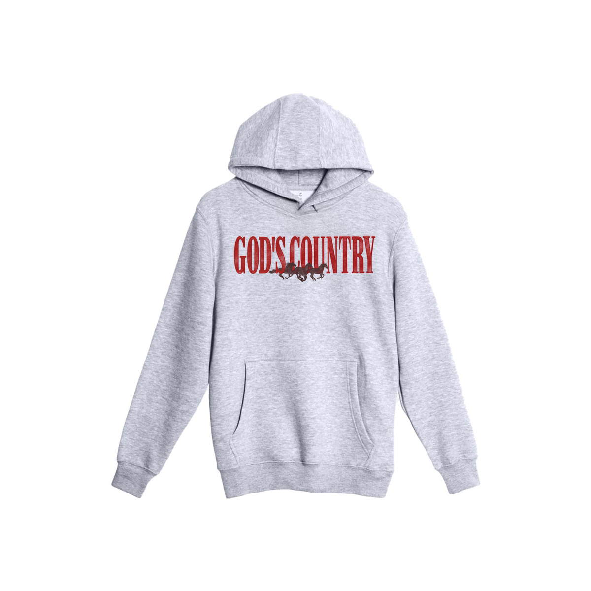 Heather grey God's Country pullover hoodie with distressed red western lettering, dark running horses, and front kangaroo pocket