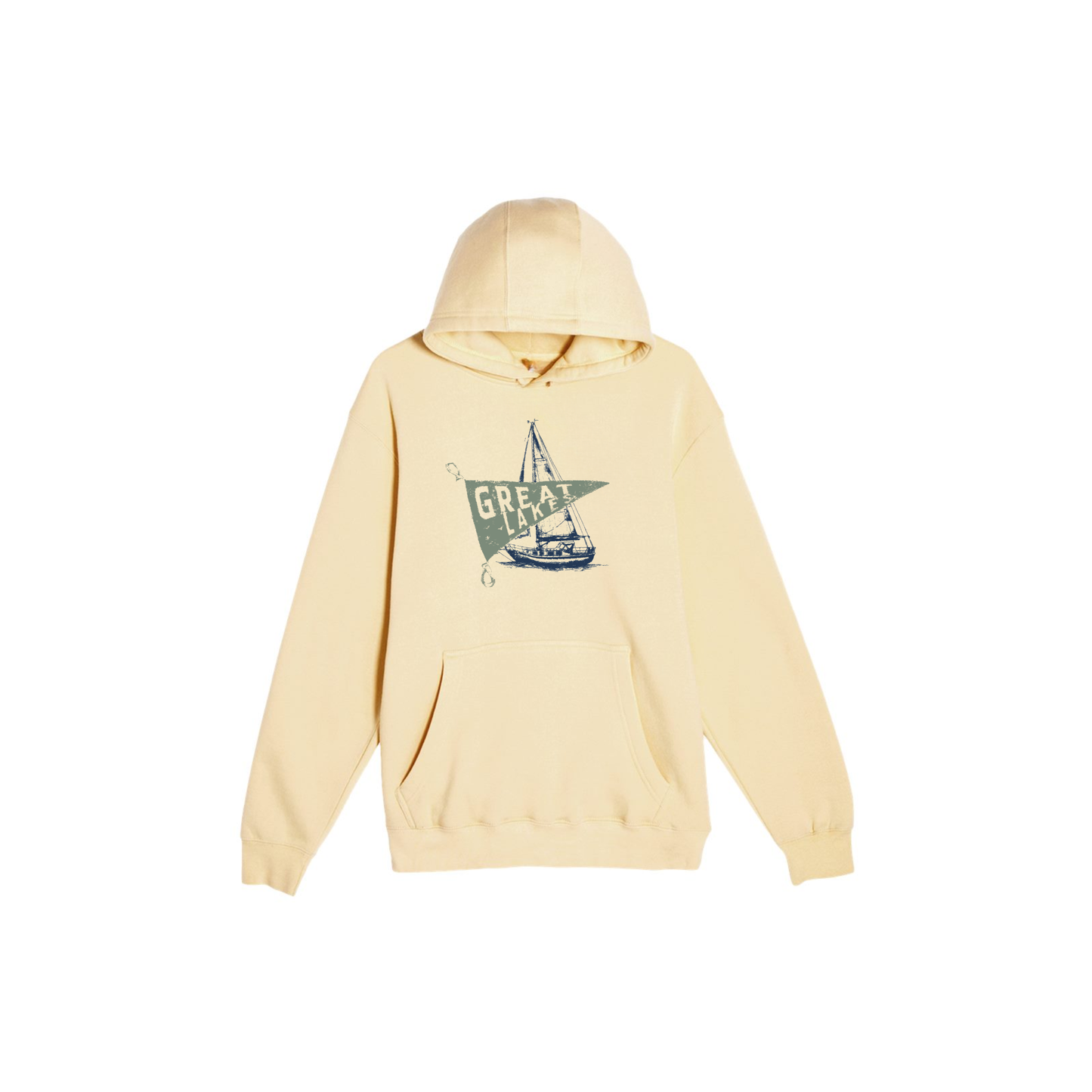 Cream Pina Colada premium fleece hoodie featuring distressed Great Lakes sailboat graphic.