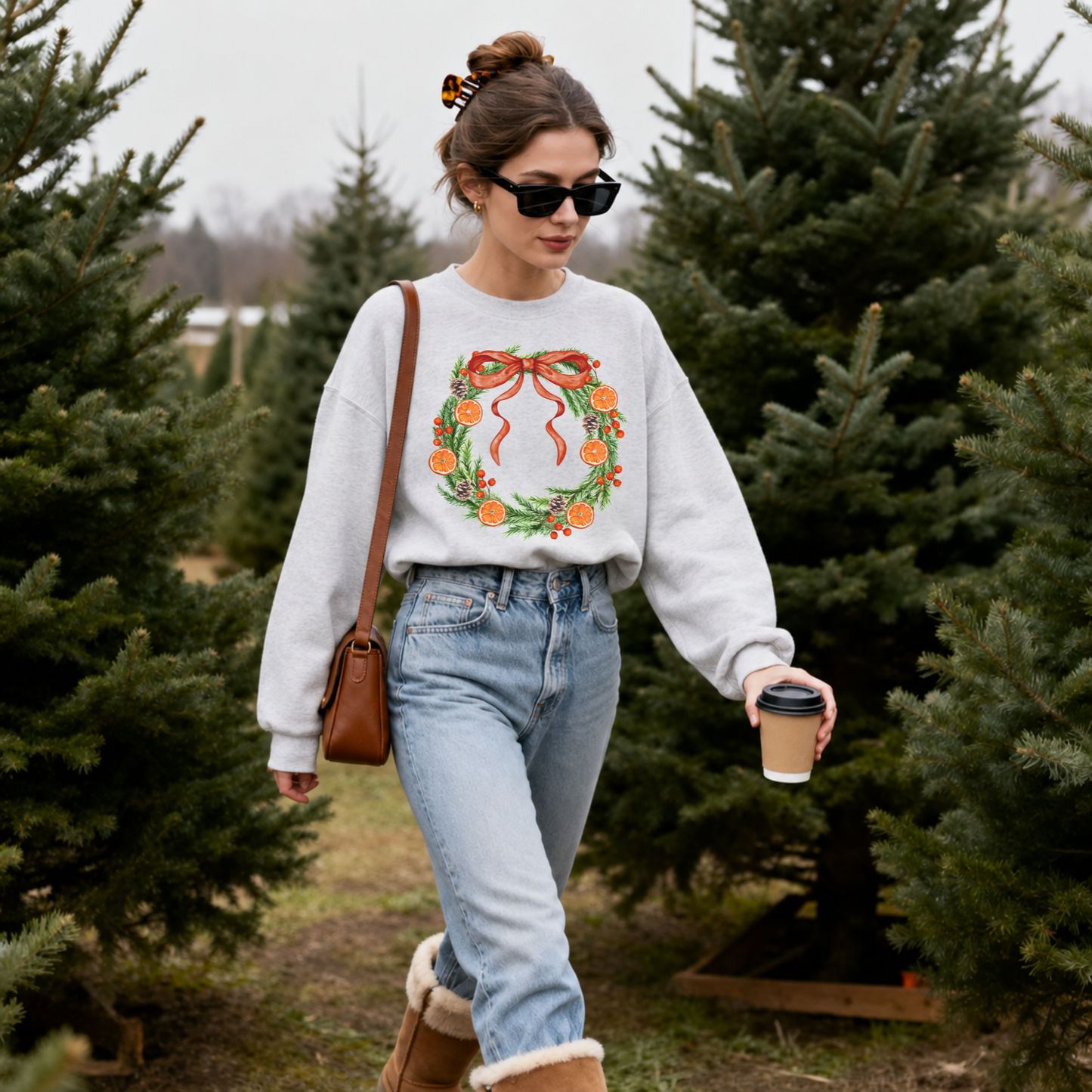 Woman wearing oatmeal heather Orange Grove Christmas Wreath Christmas sweatshirt outdoors.