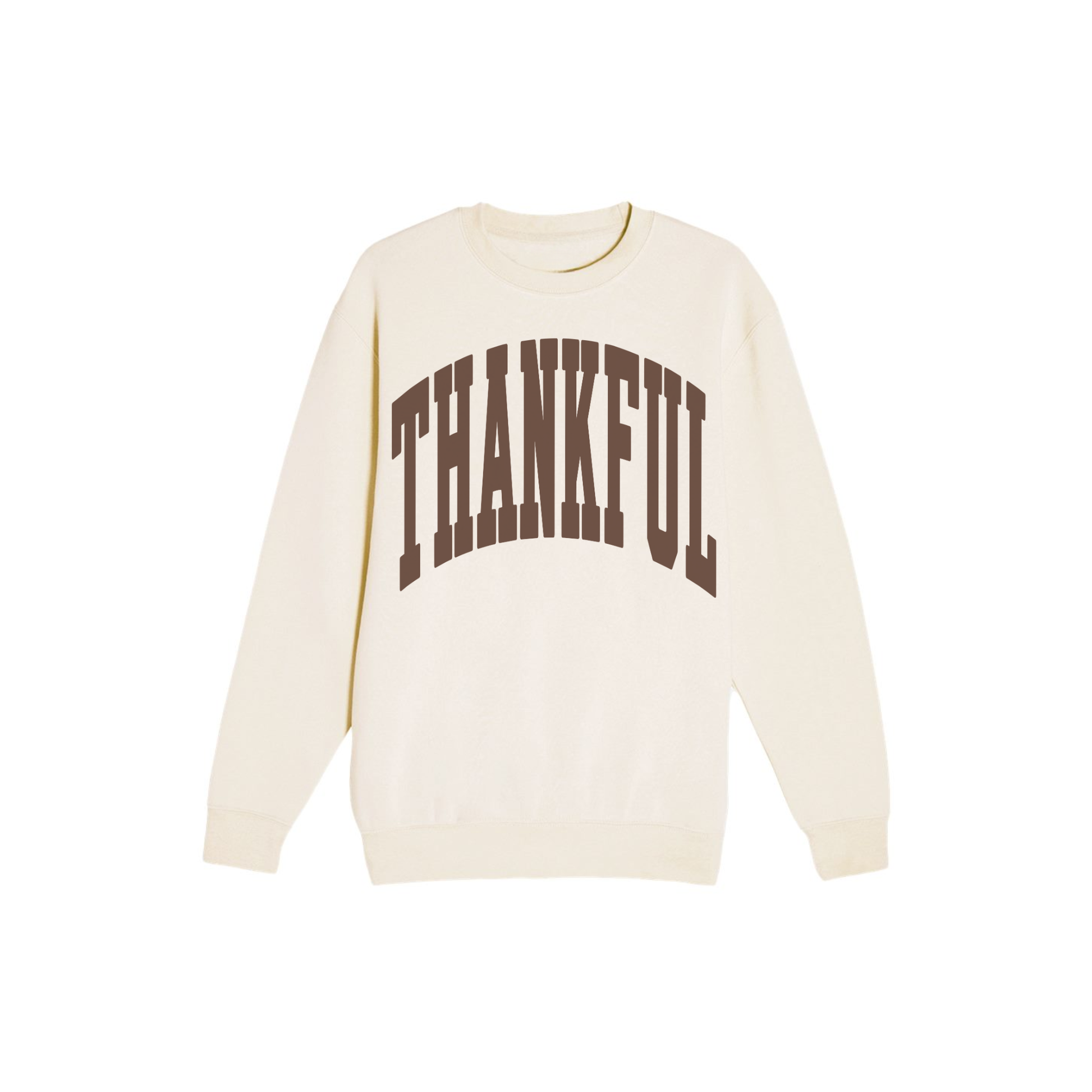 Sandshell Thankful graphic sweatshirt with oversized brown arched collegiate lettering