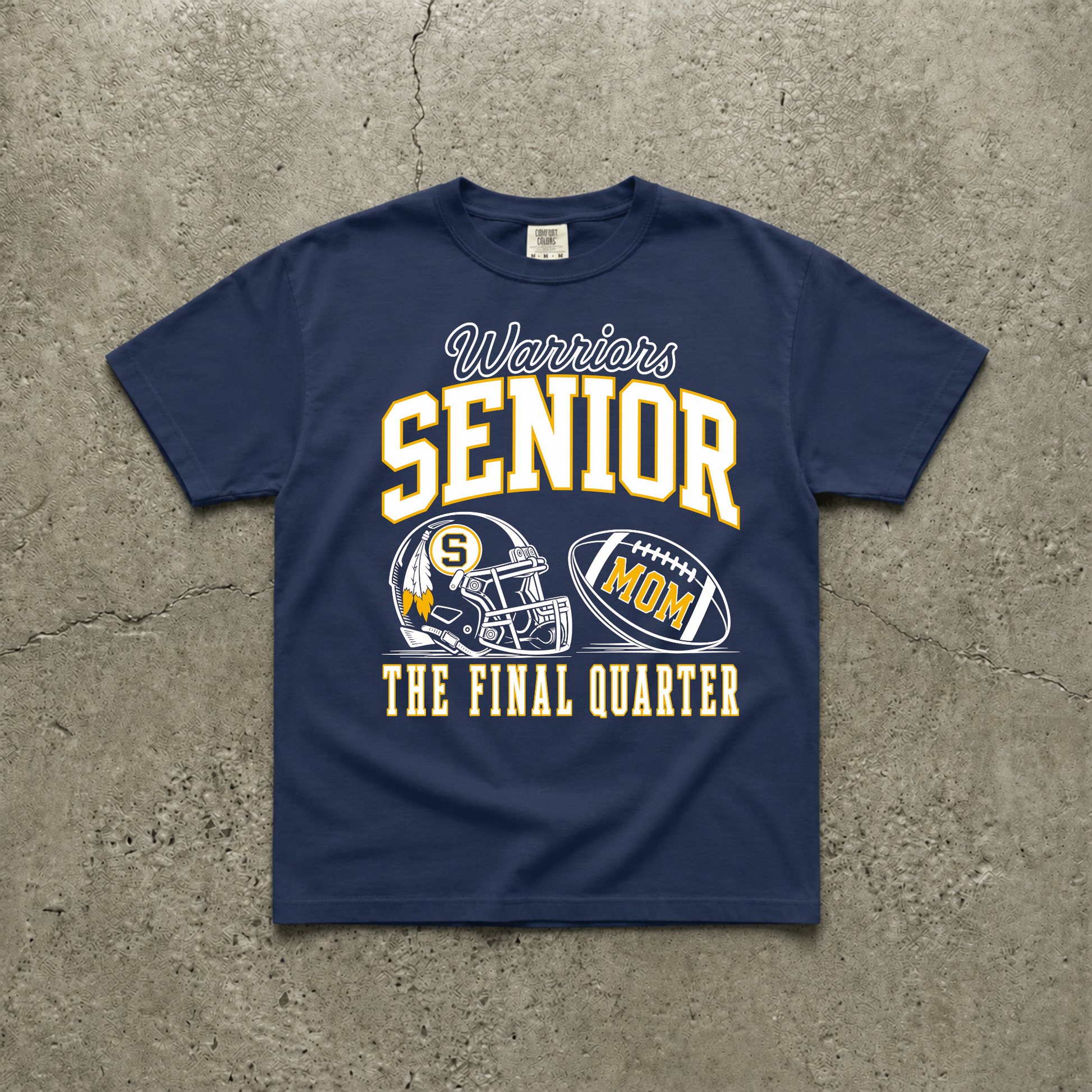 Navy football game day t-shirt featuring a Warriors Senior Mom 2027 design with varsity lettering, Warrior football helmet, personalized football graphic, and "The Final Quarter" slogan.