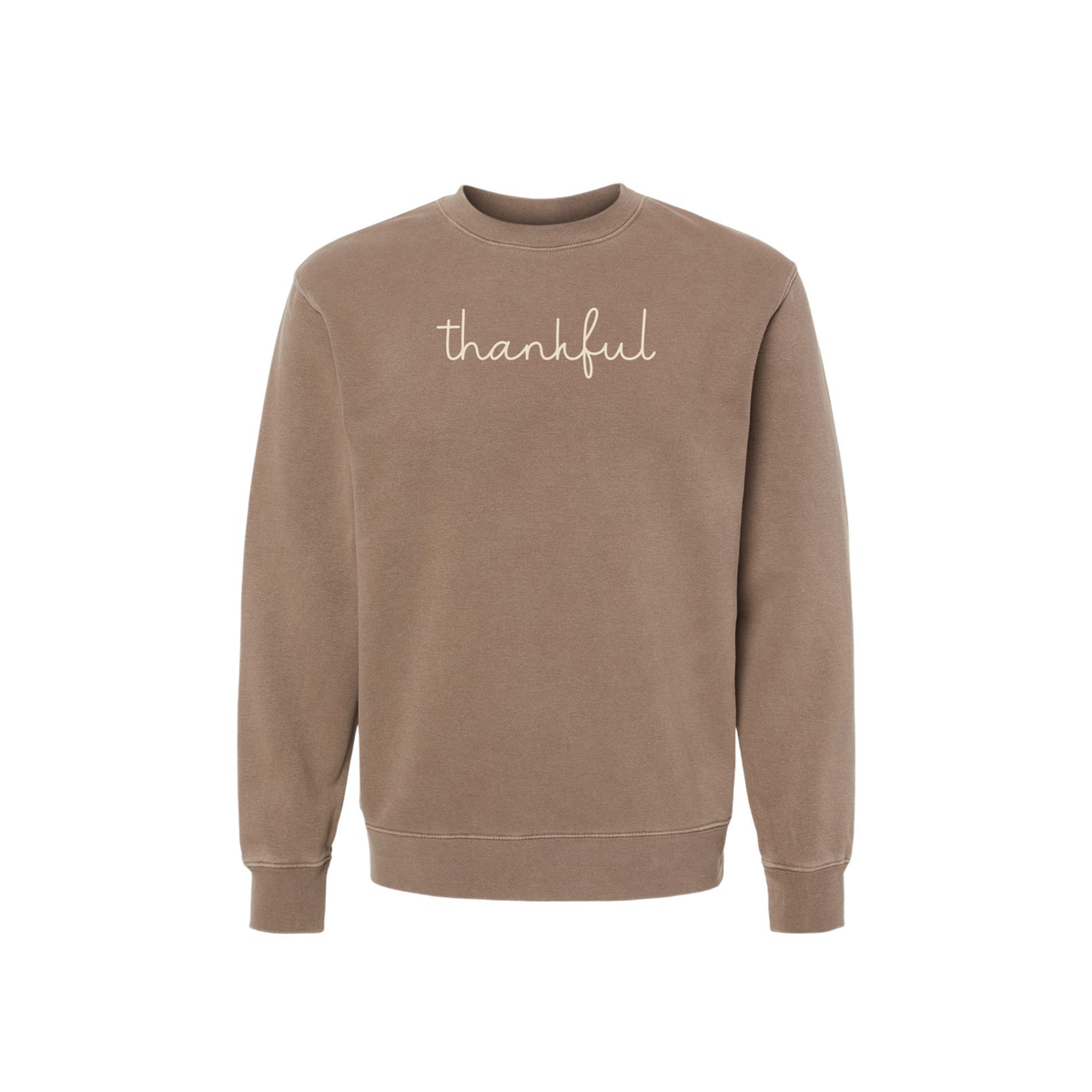 Thankful script pigment clay crewneck sweatshirt with cream graphic for fall and Thanksgiving
